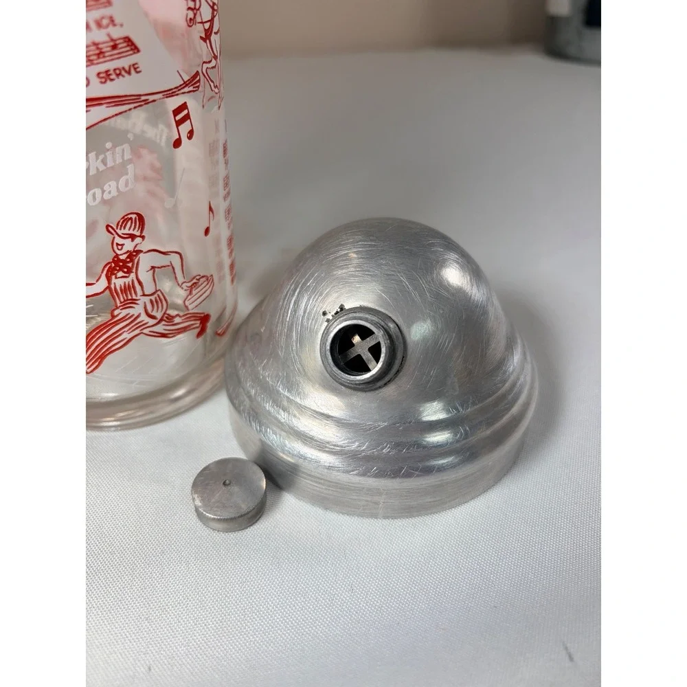 Vintage Mid Century Glass Cocktail Shaker Red Recipes Music Aluminum Lid 60s
